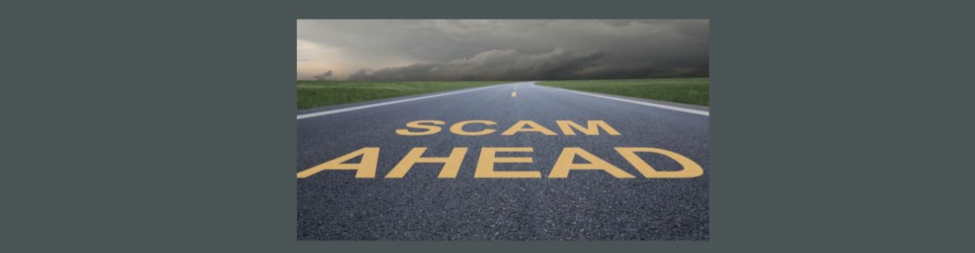 Navigating Safely A Beginner's Guide to Avoiding Affiliate Marketing Scams (3).
Dark gray background, A paved road with white lines on the side. SCAM AHEAD in yellow block letters, a stormy sky above .
Green on either side of the road.