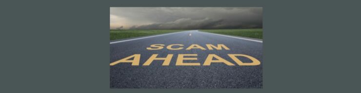 Navigating Safely A Beginner's Guide to Avoiding Affiliate Marketing Scams (3). Dark gray background, A paved road with white lines on the side. SCAM AHEAD in yellow block letters, a stormy sky above . Green on either side of the road.