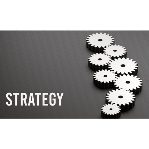 Grey background with "strategy" in white letters, and different sized cogs on the left side.