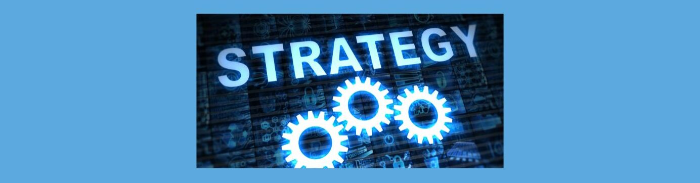 Introduction to Understanding Different Affiliate Marketing Strategies (3).
Light blue background, dark digital display square.
STRATEGY light blue letters. across the top. 3 cogs on the bottom.
Words and cogs illuminated. 