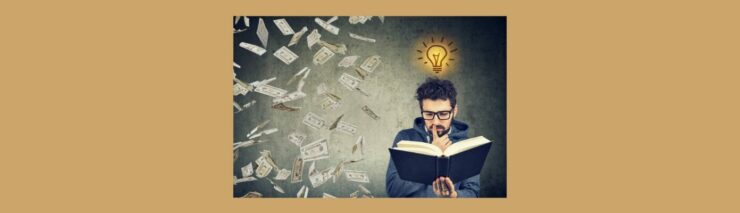 Discover the Secret to Earn as You Learn with Wealthy Affiliate (1). Tan background. gray, black marbled square. Money floating in the ar.... A yellow light bulb graoh with black slash marks top right A white man, curly black hair, black beard, black glasses, blue sweatshirt, his right hand raise, pointer finger to his mouth. Holding a thick book open.