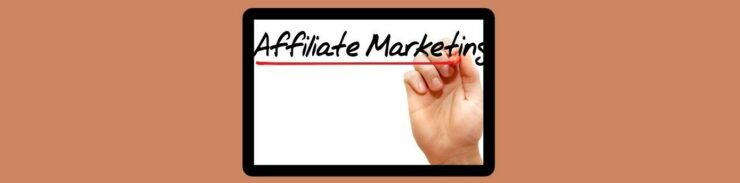 Exploring the 3 Main Types of Affiliate Marketing A Beginner's Guide (1). Light brown background, thick curved box in center. Affiliate Marketing in black magic marker. Underlined in red magic marker. Palm of hand, red marker between forefinger and thumb at the end of the underline.