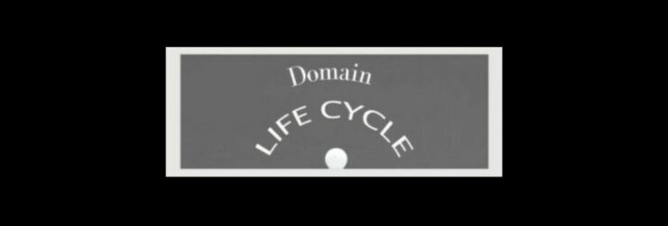 From First Click to Final Tick Navigating the Life Cycle of a Domain (5). Black background, Light gray background, dark gray square inside. Domain in white letters , slightly curved. LIFE CYCLE while letters curving. White ball a the bottom