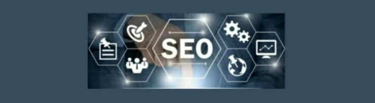 Introduction to SEO for Affiliate Marketers (2). Dark gray background, Large white hexagon in middle Arrow going left above, arrow going right below. SEO In big white letters in the middle. 3 smaller hexagons to the left. Top, two circles with small rocket shape pointing to the middle. 3 men shaped figures in white with ties. Left, white square with 2 white thick lines, white thumb tack laying on side. 3 white cogs on the left. Top two different size cogs, right computer screen with white line and circle in graph shape. Bottom circle shaped like the world, white thumb tack upper left to the center.