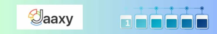 Jaaxy Series Part 1 Your All-in-One Platform for Keyword Research, Niche Discovery, and More – An Introduction Light blue background. Jaaxy logo, white background, Jaaxy in bold black letters. The bars of green, red, orang, yell, blue around the "J". 6 squares with shades of blue, from the 2nd to the 6th, line on the tone connecting to matching shades with circles, the 5 to the last has 1 in white.