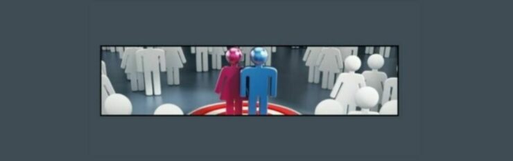 Mastering Niche Marketing Strategies for Top Affiliate Niches (5). Dark gray background, Two dimensional paper dolls standing in groups around a red and white target, 1 red and 1 red in the center.