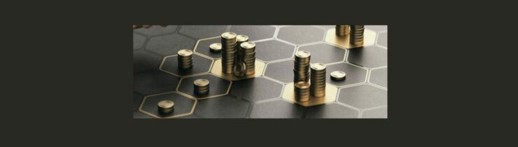 How to Earn an Extra Income with Affiliate Marketing Strategies for Diversifying Your Revenue Streams (3). Black background, Black board, with black, silver, grey hexagons, middle, top right and bottom off the middle = filled in gold. stacks of gold coins in the gold filled, and several others.