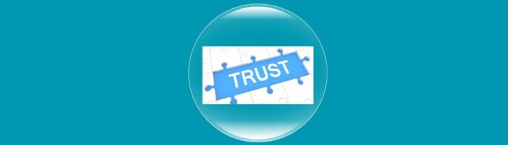 The Importance of Trust and Transparency in Affiliate Marketing (5). Light blue back ground inside, Transparent bubble, white puzzle with 3 missing pieces, medium blue TRUST in bold white.