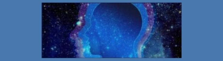 The Psychology of Influence and Persuasion. Medium blue, dark blue background Night sky background, illuminated stars. 3 outlines of a human face, outer in light purple, then light blue, then medium blue.