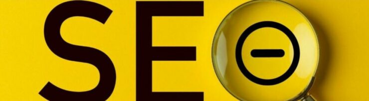 Negative SEO (3) Yellow background. Negative in bold black letters SE in big bold black leters the "O " is a the magnify glass and a piece of the handle in silver, a thick black circle with - inside the glass.