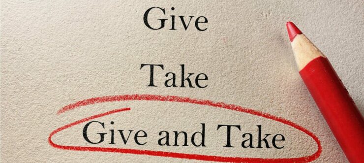 The Power of Reciprocity in Affiliate Marketing (1) Gray background Black letters: Give Take Give and Take Give and Take circled in red, a red pencil laying on its side.