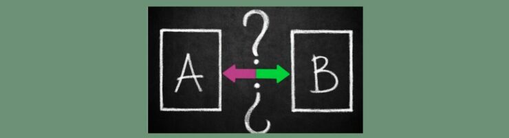 AB Testing In Affiliate Email Marketing (1) Light blue-green background. Blackboard White chalked block outline, A inside Middle is a Large question mark in white chalk , below that Purple arrow pointing left/ Green arrow pointing right . Below a upside down question mark. Right: White chalked block outline, B inside.