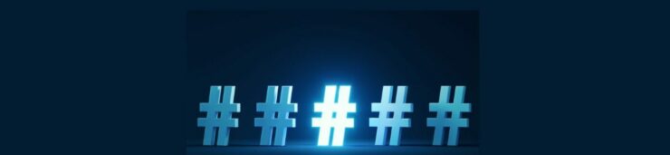 Effective Hashtag Strategies for Affiliate Marketers (6). Dark blue background, darker blue square inside., 5 hashtag icons across, light blue, the middle illuminated.