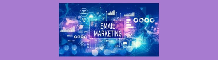 Email Marketing Essentials for Affiliate Marketers (6). Light purple background, Square in center, blue, white, pink, purple. Thin line white square in the middle EMAIL MARKETING in white letters. hexagons, wide silver circles, variety of graphs, bar, vertical, horizontal, silver arrows, squares, all illuminated.