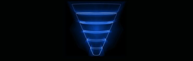 How To Create Effective Email Funnels For Affiliate Marketing (4). Black background. Illuminated blue funnel in sections, rays of light.