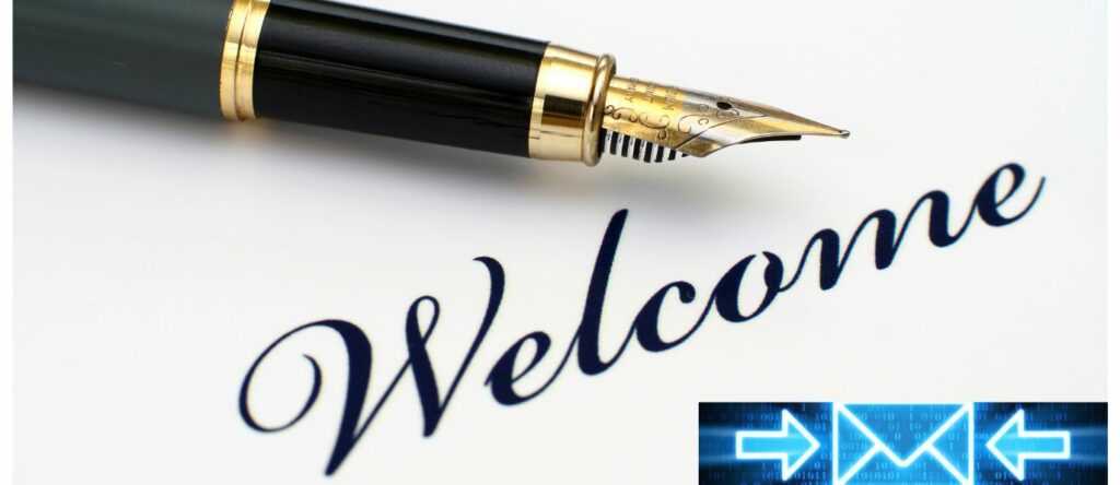 How to Write a Great Welcome Email for Your New Customers

Grey background. black pen with gold bands, gold tip

Welcome in black script.

bottom right, long blue box.  white arrow light blue center on the left and right of a light blue closed envelope in the middle. 