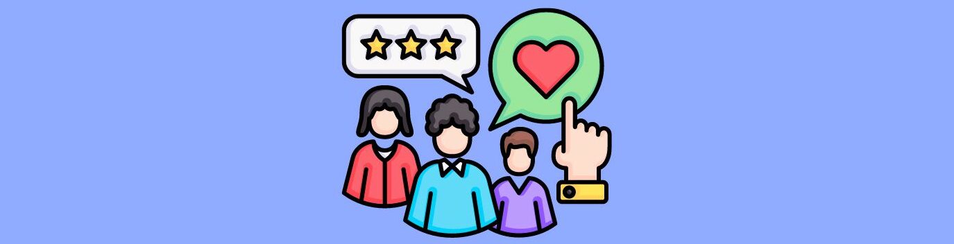 The Role Of Social Proof In Affiliate Marketing Success (4).
Light blue background, graphic 3 people, conversation bubble black outline, white inside, 3 gold stars. Circle conversation bubble, black outline, light green inside, red heart.
Right hand, yellow cuff, pointer finger on the green bubble. 