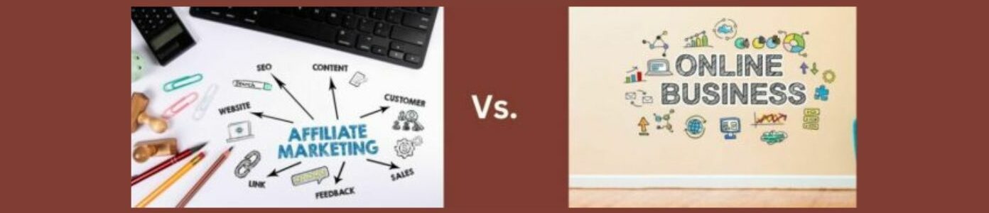 Affiliate Marketing Vs. Other Online Business Models (21).
 Brown background. Left - white table, edge of black keyboard, bottom half of black calculator, 2 small wood stamps, paperclips different colors, AFFILIATE MARKETING in blue letters, black arrows pointing out 'CONTENT, CUSTOMER, SALES, FEEDBACK, LINK, WEBSITE, SEO ( each has a small icon next to it) 3 pencils laying down yellow red and brown. 
Vs. in bold white letters between them.  Right- pink wall, whiteboard, light brown floor.  ONLINE BUSINESS colored in black. icons around. colored graphs ( columns, circles, horizontal, cogs, screen, laptop, arrow pointing up....