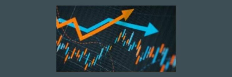 How Social Media Trends Impact Affiliate Marketing (5). Dark gray background, Thin vertical lines in a dark background inside, orange and blue arrows from left to right, bars of orange and green blipping in the background, orange and blue lines dipping up and down.