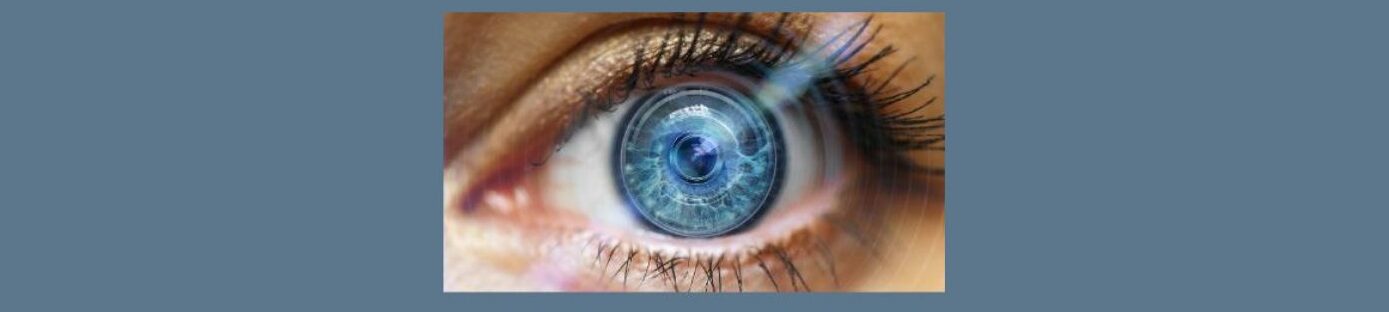 Leveraging Visual Content in Affiliate Marketing (2).
Medium blue background, square inside, long black lashes from a bright blue eye, digital display, illuminated, ray of light across.