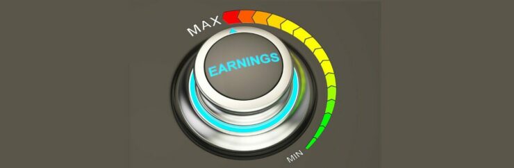 Maximizing Affiliate Earnings with Social Media Beginners Guide (1). Dark gray background. Dial in center, black, silver, light blue, silver, dark gray, silver rings. Dark gray, EARNINGS in light blue in the center. Light blue arrow dial at the top pointing to MAX in white letters above, fat arrows from red, dark to light orang, into dark yellow to light yellow, into light green to dark green. MIN in white letters at the end.