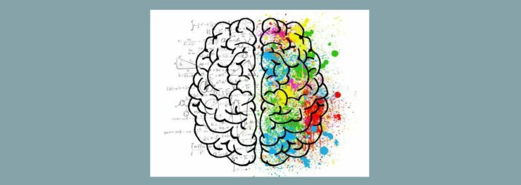 The Psychology of Color in Affiliate Marketing and Branding (4). Light gray background, white square in the center. Drawing of a brain, left side black and white, right side splashes of color, red, blue, yellow, green, pink ....