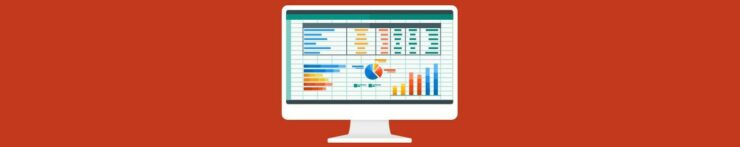 Competitive Audits (2). Orange background. Graphic, white monitor on stand. white screen. Dark gray, aqua top, light blue left side, dark gray bottom. Dark gray box, blue, yellow, red, aqua lines. Line graph in blue, yellow, orange, red, circle graph blue, yellow orange, vertical graphs yellow, orange, red, blue.