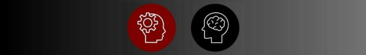 How Cognitive Biases Shape Consumer Behavior in Affiliate Marketing (2.). Black to light gray background. Left side, maroon circle, white outline of head facing right, white cog upper left. Right side, black circle, white outline head facing left,, white outline of brain in center