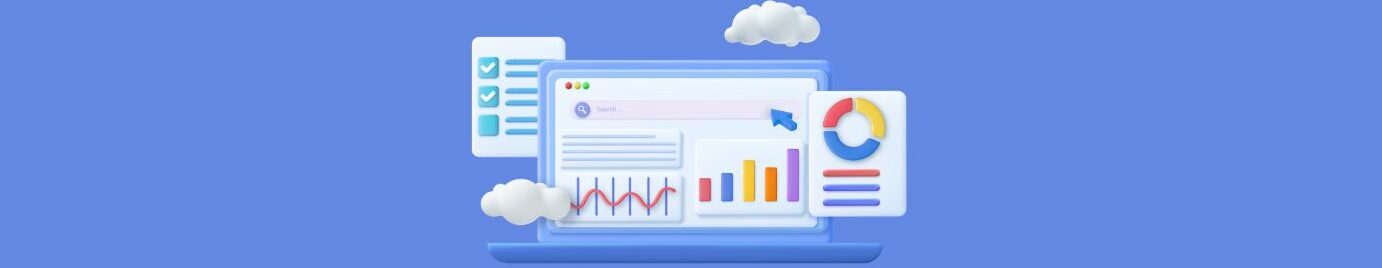 SEO Audit.
Blue background. Graphic, white cloud top right, bottom left.  White paper off to the left side, light blue lines , boxes with white check marks. laptop, open, white screen, red, yellow green dots top left, search bar, lines, line graph blue lines, purple line up and down, colored column graph blue arrow top right. Off the right side, white, colored circle graph red, yellow and blue, lines red, blue blue. 