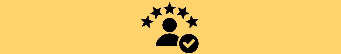 UX Audit.
Light gold background, graphic 5 stars filled in black, black figure of  head and shoulders, black circle with gold check mark. 