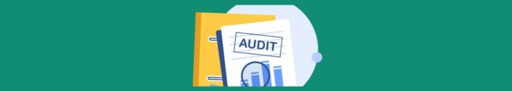 Introduction to Website Audit Series: Enhancing Site Performance. Blue-green background. Graphic, light blue shape, flat on top, curved side in background. Yellow notebook cover, 2 white and blue lines, blue edge, white paper with lines and blue graphs, dark blue circle. Blue square AUDIT in bold blue letters, tilted to the right.