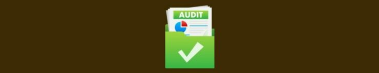 Website Audit Series Content Audit 4. Dark green background. Graphic, light green folder, white papers sticking out. Green box, AUDIT in white letters. Circle graph with blue and red, lines to the right, gray, blue. Large white check mark on front of folder.