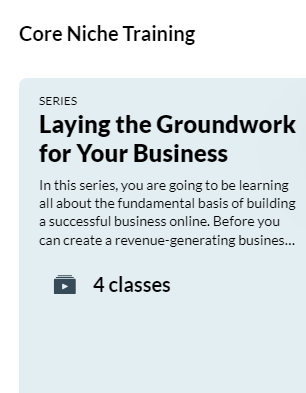 CORE NICHE TRAINING
SERIES
Laying the Groundwork for Your Business.
In this series, you are going to be learning all about the fundamental basis of building a successful business online. Before you can create a revenue-generating busines... 

Gray box with white play icon.  4 Classes

Light gray background, black letters.