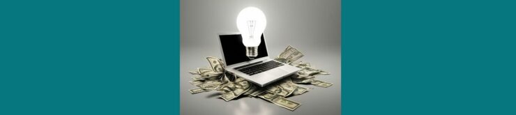 10 Ways to Earn Money Online From Home (10). Medium blue background, silver square in the middle. White light bulb above a silver laptops with black keyboard, Dollar bills piled under and around the laptop.