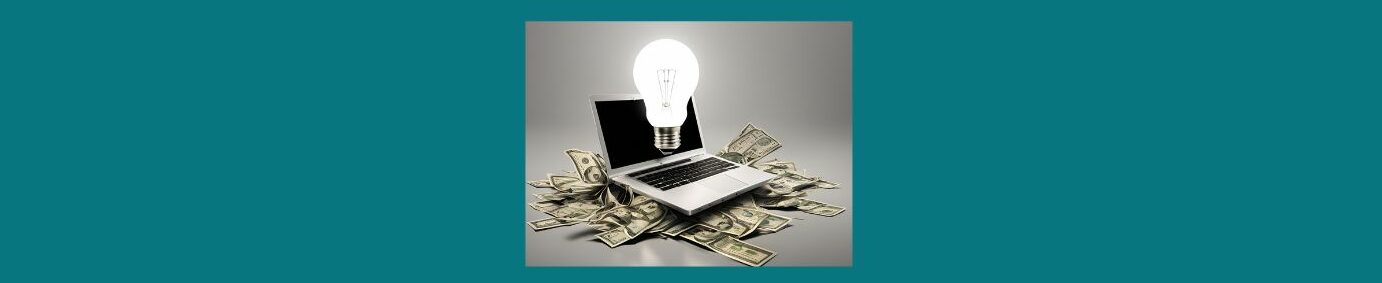 10 Ways to Earn Money Online From Home (12).
Medium blue background, silver square in the middle. White light bulb above a silver laptops with black keyboard, Dollar bills piled under and around the laptop.