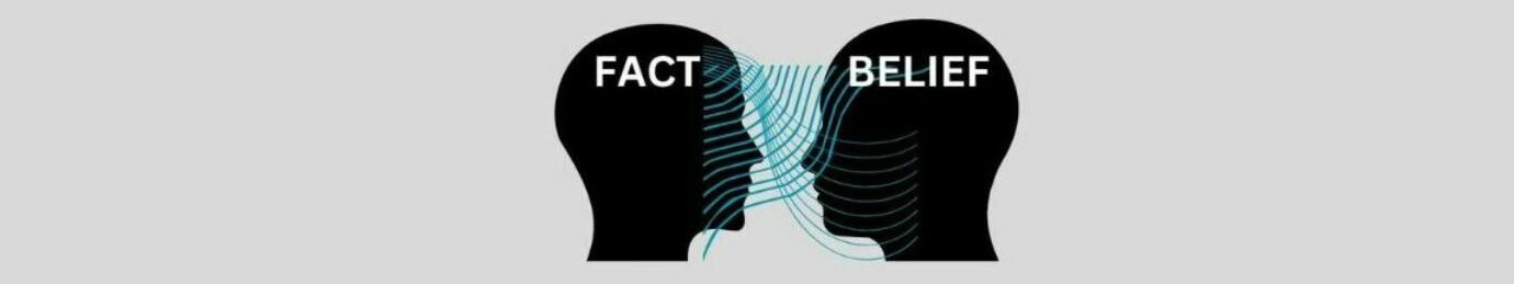 Availability as a Cognitive Bias (5). Light gray background. 2 black human head silhouettes.  Left side, FACT in white letters. Right side BELIEF in white letters.  2 light blue strands about 12 of them, one from left to right, the other right to left between the heads. 