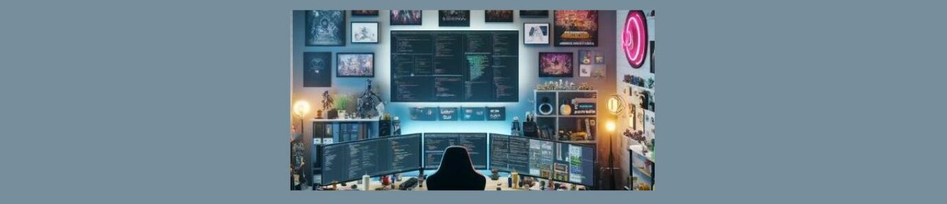 How to Become a Gaming Developer (9). Gaming room for developer, 'game" posters on the wall, a large screen running code in the center, , neon lights, several book cases, desk with several monitors, running code, desk chair, 3 modems on the floor.