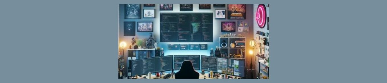 How to Become a Gaming Developer (9).
Gaming room for developer, 'game" posters on the wall, a large screen running code in the center, , neon lights, several book cases, desk with several monitors, running code, desk chair, 3 modems on the floor. 