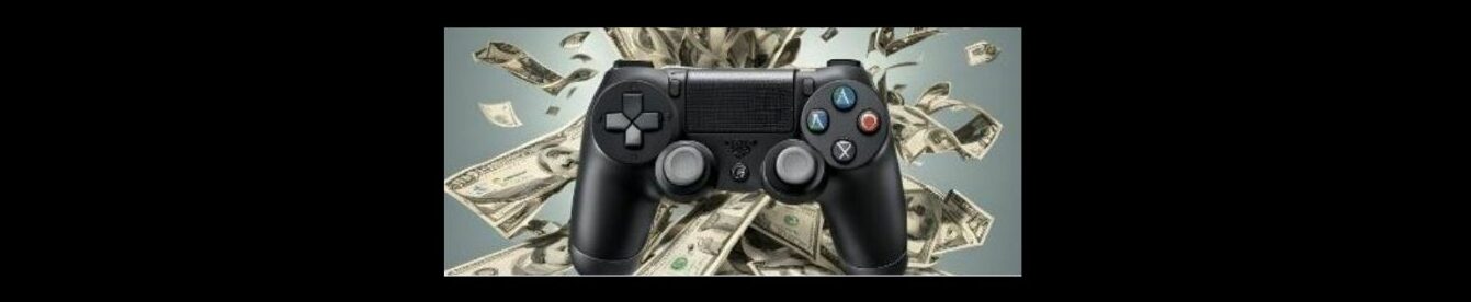 How to Make Money Online Playing Video Games Black background, light gray box in the middle. Black game controller, black direction buttons on the left,, color circle buttons on the right, two silver toggles at the bottom. Dollars floating behind the controller.