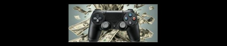 How to Make Money Online Playing Video Games (3). Black background, light gray box in the middle. Black game controller, black direction buttons on the left,, color circle buttons on the right, two silver toggles at the bottom. Dollars floating behind the controller.