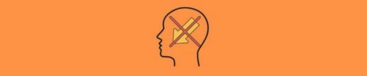 Loss Aversion as a Cognitive Bias (4). Light orange background. Black outline human head, facing left. Thick yellow arrow inside, red c across it.