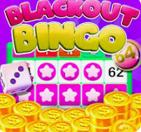 BLACKOUT in Purple letters, BINGO in gold letters, green bingo card with purple circles and purple square with white stars.  A white die with 3 black circles, stacks of cold coins with $ on the top. the nunber 62 in white on the card, and the number 64 off the end of the "o" in purple. 