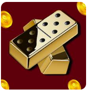 Maroon background, gold coins in each corner. 
2 dominoes in the canter tan, brown, black and white. the top dominoe has five black dots separated by a black line.  