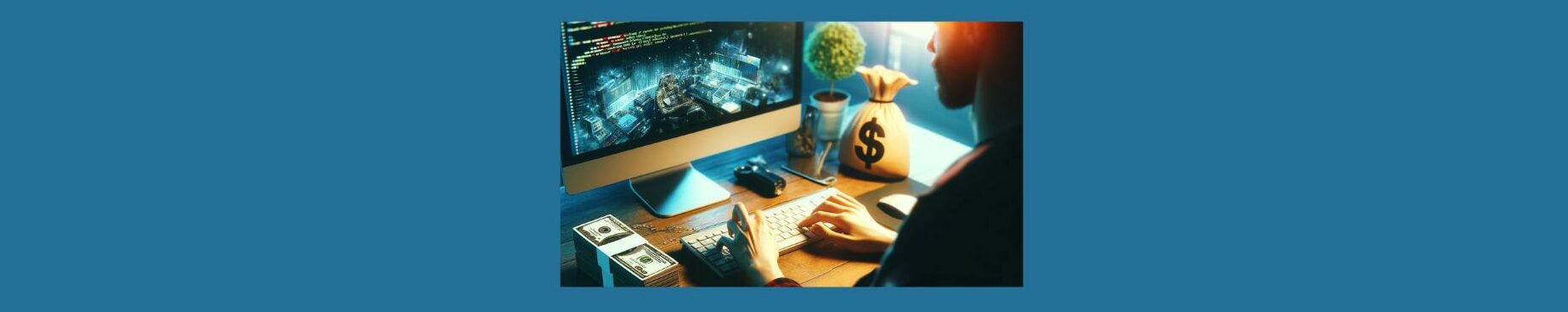 How to Make Money as a Game Developer (21).
Blue background, computer screen with code running on top, images on the bottom. Light brown desk, palnt on the right, bag with a band and black $, stack on money on the bottom left, two hand on a white keyboard, a mouse pad and white mouse on the left. 