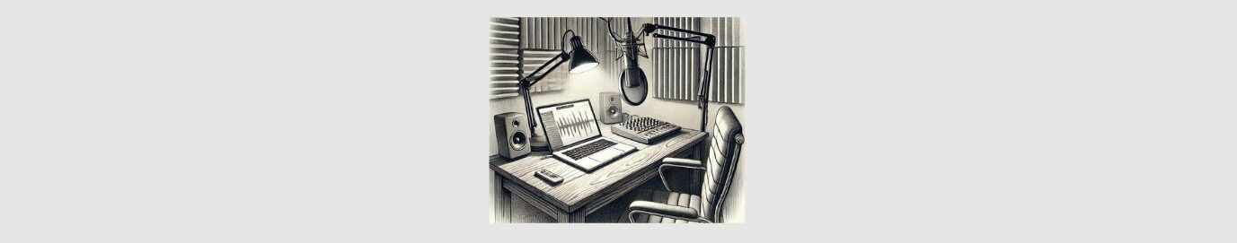 Make Money with Podcasting (2).
Light gray background. Square in the center- pencil sketch of a podcasting room.  Soundproof boards on the walls, a wood desk with chair, two speakers, a laptop, a light, a microphone, a sound board with dials and knobs.  