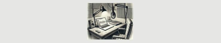Make Money with Podcasting (2). Light gray background. Square in the center- pencil sketch of a podcasting room. Soundproof boards on the walls, a wood desk with chair, two speakers, a laptop, a light, a microphone, a sound board with dials and knobs.