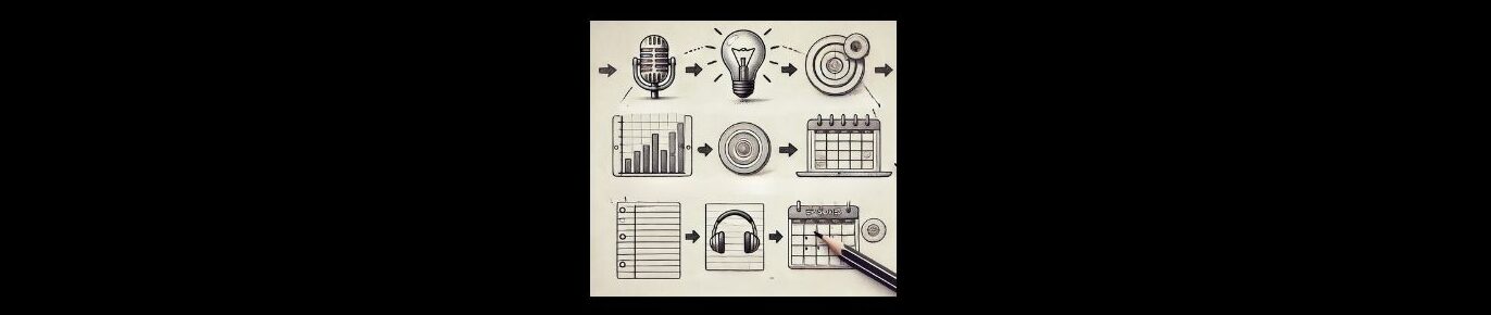Planning and Structuring Your Podcast (4).

Black background. Light gray square, pencil sketch - Thick arrow, microphone, arrow, light bulb, arrow, bullseye, arrow,  next line, graph, arrow, filled in bullseye, calendar, next line, lined paper, arrow headphones, arrow calendar.  