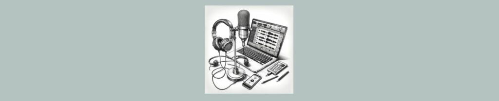 Podcasting Basics Getting Started (3). Gray background. Square in center. Pencil sketch, a open laptop, Desk top microphone, earphones two gadgets, and two pencils laying down. 