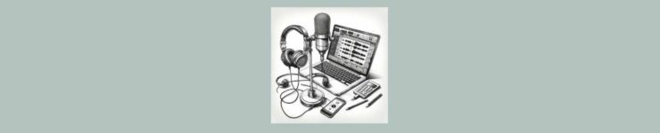 Podcasting Basics Getting Started (3). Gray background. Square in center. Pencil sketch, a open laptop, Desk top microphone, earphones two gadgets, and two pencils laying down.
