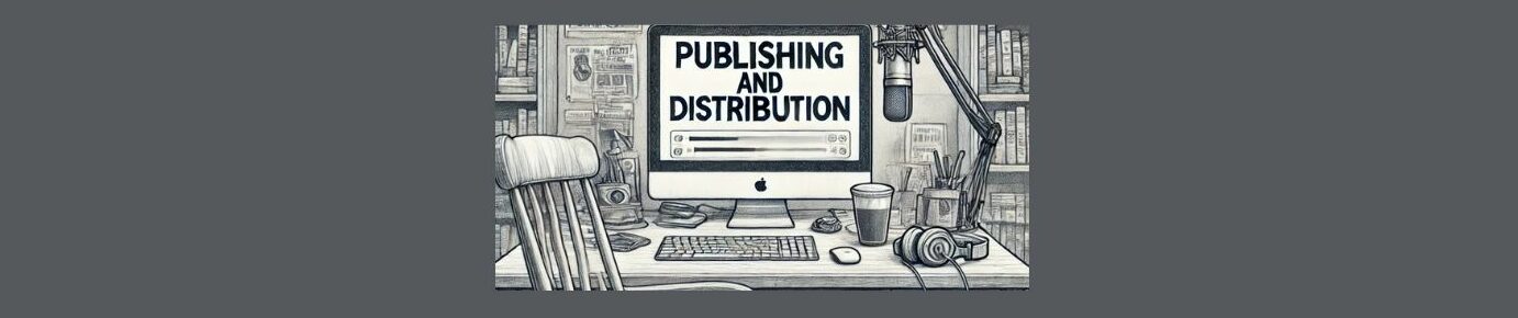 Publishing and Distributing Your Podcast. Dark grey background. Square in center. Pencil sketch a desk, with microphone, keyboard, earphones, and a monitor, PUBLISHINGG AND DISTRUBUTION in bold black letters, a long bod with lines. A empty wood chair, a cup, plant in vase. In the back ground, a portion of a book shelf, on either side.